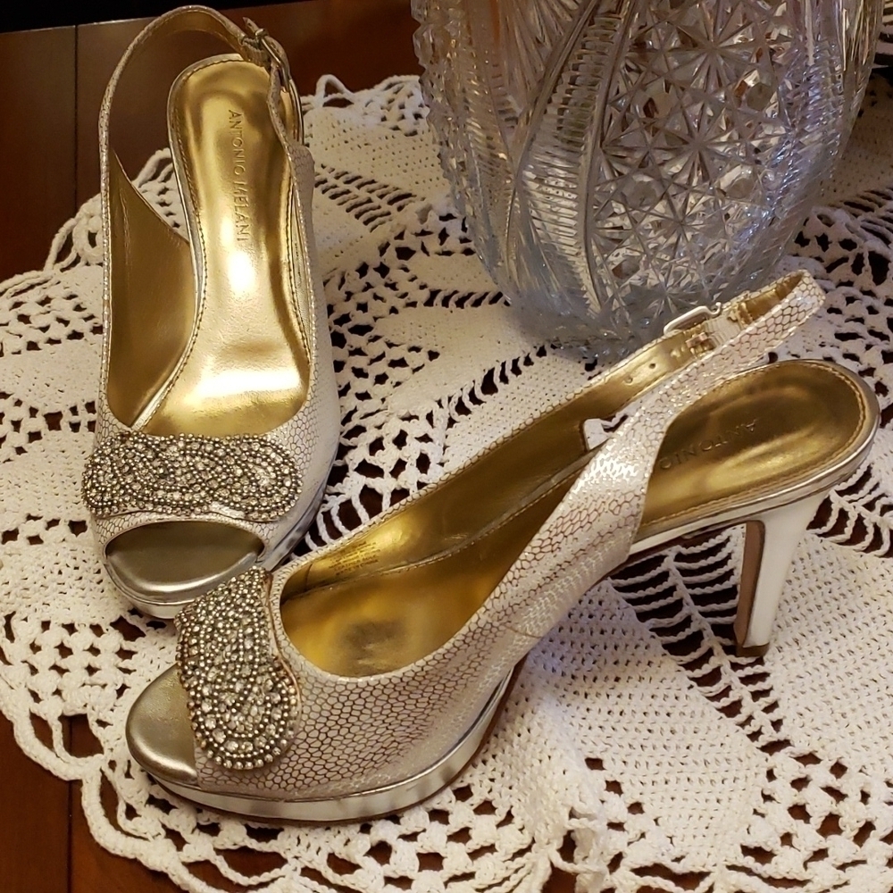 Antonio Melani Silver Embellished Leather Peeptoe Platform Stilettos EUC 8.5